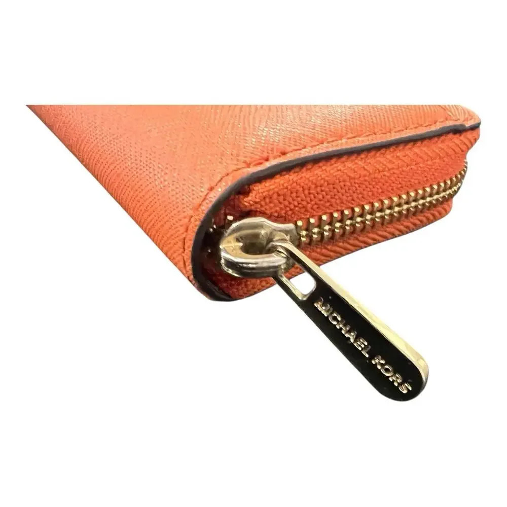 Michael Kors Pebble Leather Zip Card Holder Orange Gold Accents Preppy Summer